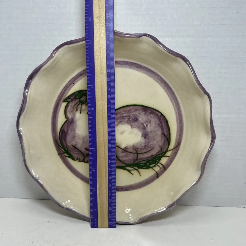 Art Pottery Pie Dish Purple Kitty Cat Ruffled Edge Signed Ceramic 10